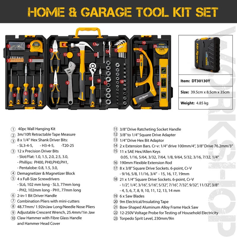 Hi-Spec 126pc Home Garage Mechanics DIY Tool Kit Set. Complete Handyman Auto, Car, Bike and Household Repairs Tool Box Set - Image 2